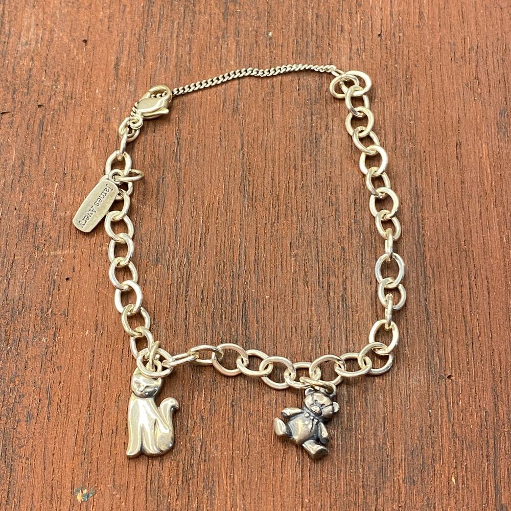 James Avery 925 Sterling 7" Bracelet Teddy Bear Cat Pendant Charm Safety Chain